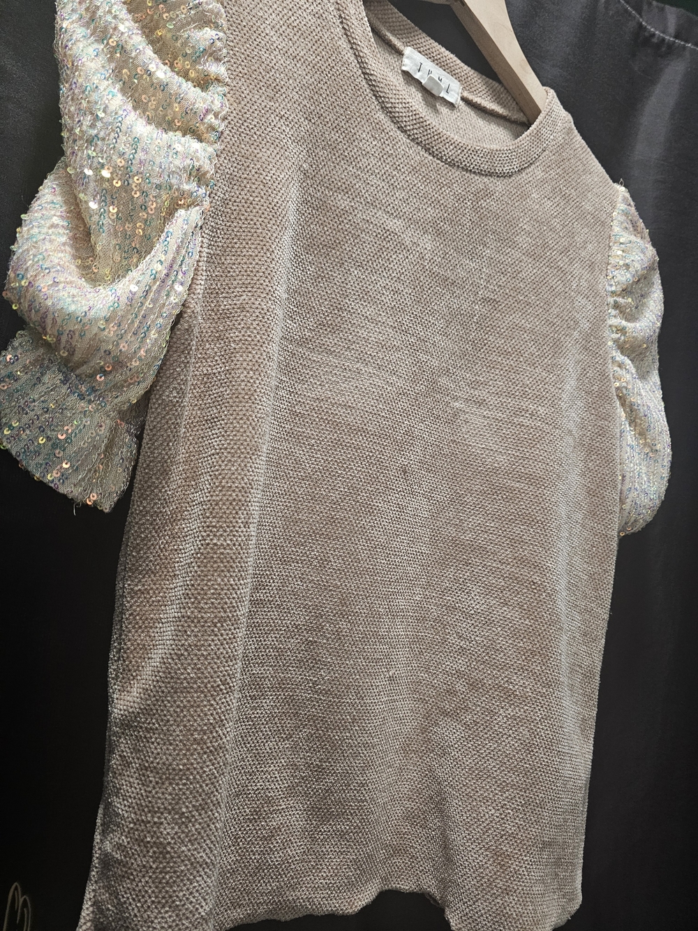 THML Beige Soft Textured Top W/ Sequin Puff Sleeves. Size Small.